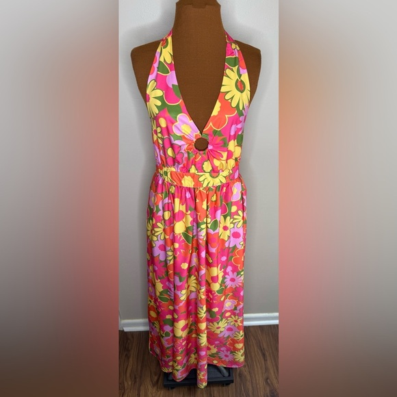 Smak Parlour Floral Halter Maxi Dress Pink Orange Size XL - Picture 3 of 11